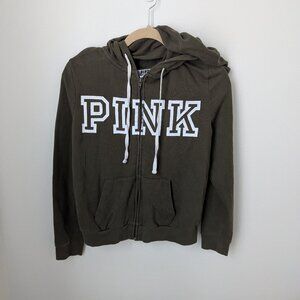PINK Victoria's Secret Women's Forest Green Lightweight Zip Up Hoodie, Medium